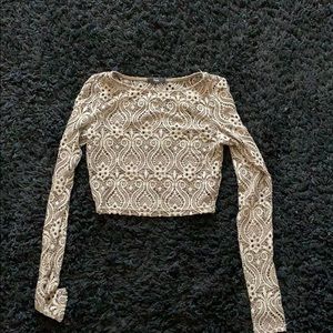 Brown lace fitted long sleeve cropped top
